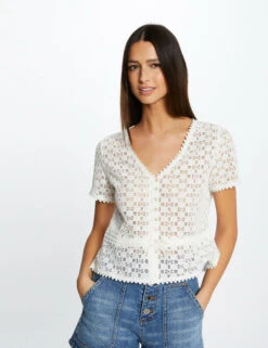 T-shirt Manches Courtes En Dentelle Ecru Femme -EllePort Soldes t shirt manches courtes en dentelle ecru femme vue6 32536300939230201