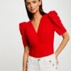 T-shirt Manches Courtes Froncé Rouge Femme
